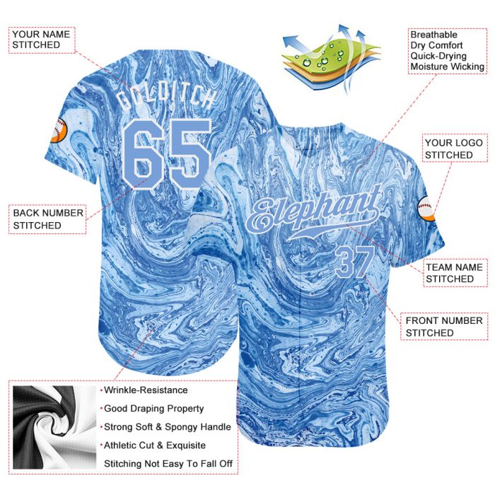 Light Blue White Custom Tie Dye 3D Baseball Jersey - Authentic Style 5373 Custom Tie Dye Light Blue-White 3D Authentic Baseball - Image 3