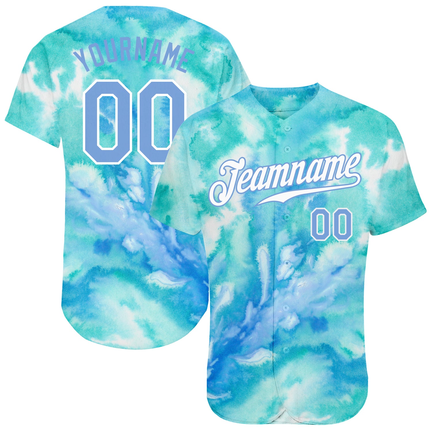 Light Blue White Custom Tie Dye 3D Baseball Jersey for Men and Women, Style 9430 Custom Tie Dye Light Blue-White 3D Authentic