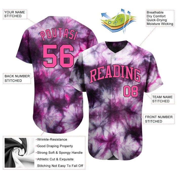 Tie Dye Baseball Jersey Pink Black 3D Custom Design Authentic Style Custom Tie Dye Pink-Black 3D Authentic Baseball Jersey - Image 3