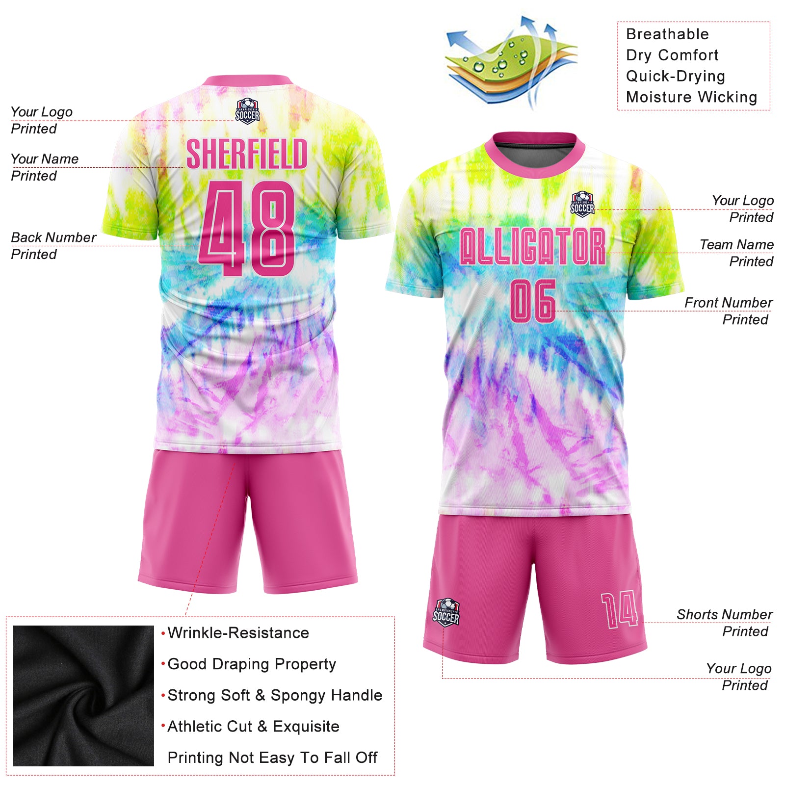 Custom Tie Dye Pink-White Sublimation Soccer Uniform Jersey Style 7550 Pink-White Custom Tie Dye Soccer Jersey Sublimation Uniform Style 7550 Custom Tie Dye Pink-White Sublimation Soccer Uniform - Image 3