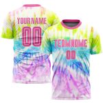 Pink-White Custom Tie Dye Soccer Jersey Sublimation Uniform Style 7550 Custom Tie Dye Pink-White Sublimation Soccer Uniform