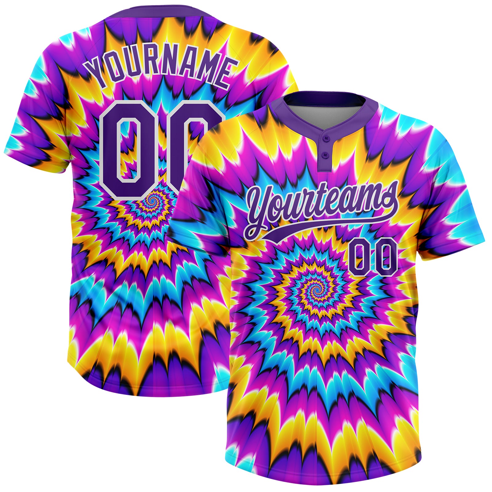 Custom Tie Dye Purple-White 3D Two-Button Unisex Softball Jersey Custom Tie Dye Jersey in Purple-White for Softball, Unisex, 3D Two-Button Custom Tie Dye Purple-White 3D Two-Button Unisex - Image 1