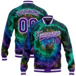 Custom Tie Dye Rainbow 3D Purple-White Varsity Full-Snap Bomber Jacket Custom Tie Dye Purple-White Rainbow 3D Bomber Full-Snap