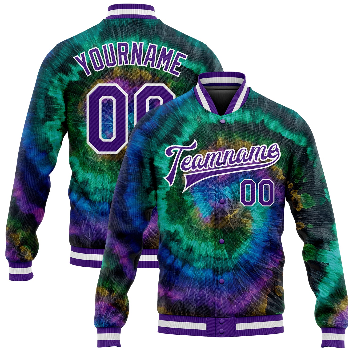 Custom Tie Dye Rainbow 3D Purple-White Varsity Full-Snap Bomber Jacket Custom Tie Dye Purple-White Rainbow 3D Bomber Full-Snap