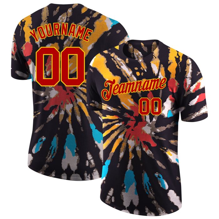 Red-Gold 3D Custom Tie Dye Performance T-Shirt for Women and Men Custom Tie Dye Red-Gold 3D Performance T-Shirt - Image 1