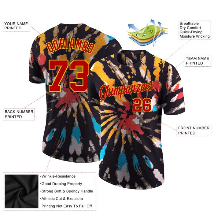 Red-Gold 3D Custom Tie Dye Performance T-Shirt for Women and Men Custom Tie Dye Red-Gold 3D Performance T-Shirt - Image 3