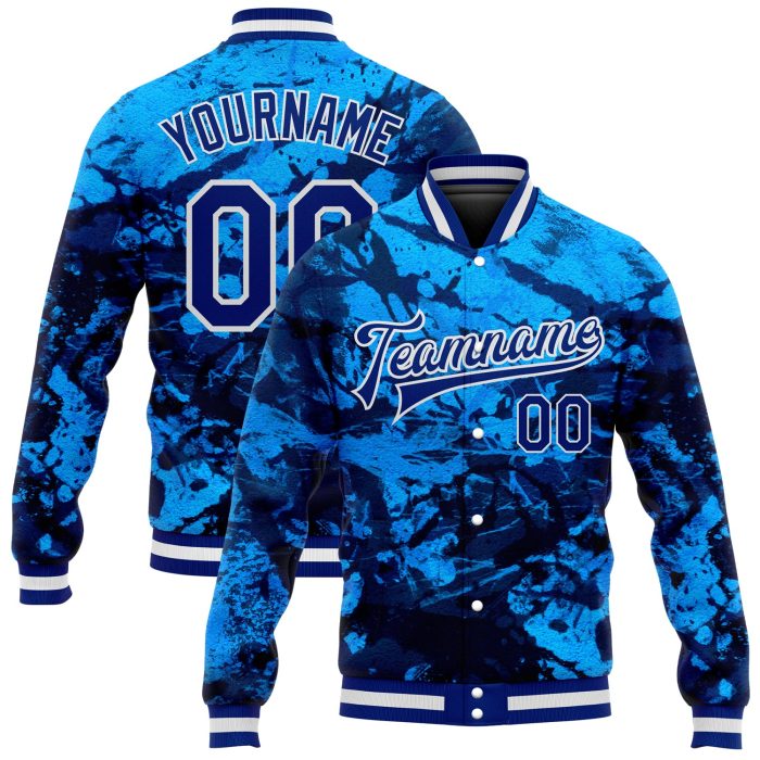Custom Tie Dye Bomber Jacket 3D Royal-White Rainbow Varsity Full-Snap Letterman Jacket Custom Tie Dye Royal-White Rainbow - Image 1