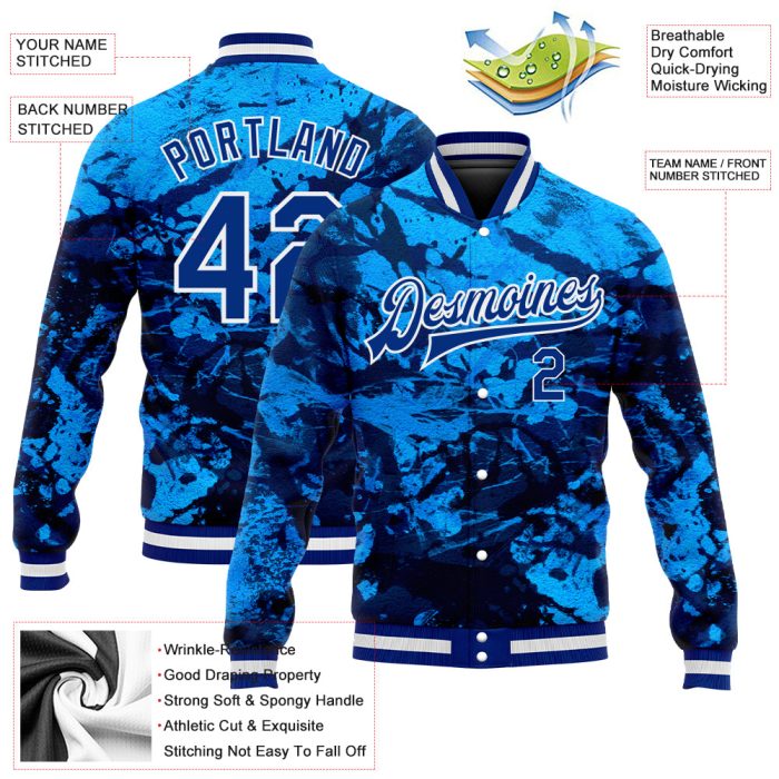 Custom Tie Dye Bomber Jacket 3D Royal-White Rainbow Varsity Full-Snap Letterman Jacket Custom Tie Dye Royal-White Rainbow - Image 3