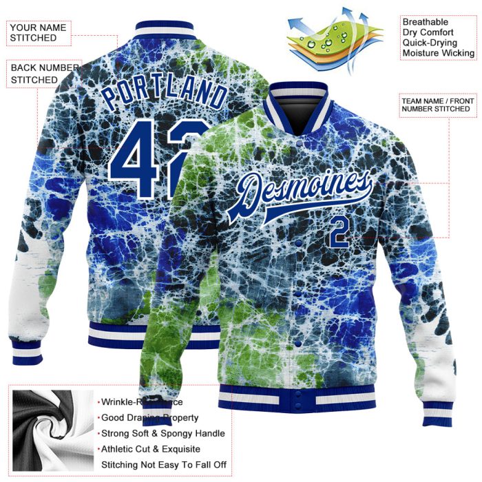 Custom Tie Dye Royal White Rainbow 3D Varsity Letterman Bomber Jacket Style 5561 Custom Tie Dye Royal-White Rainbow 3D Bomber - Image 3