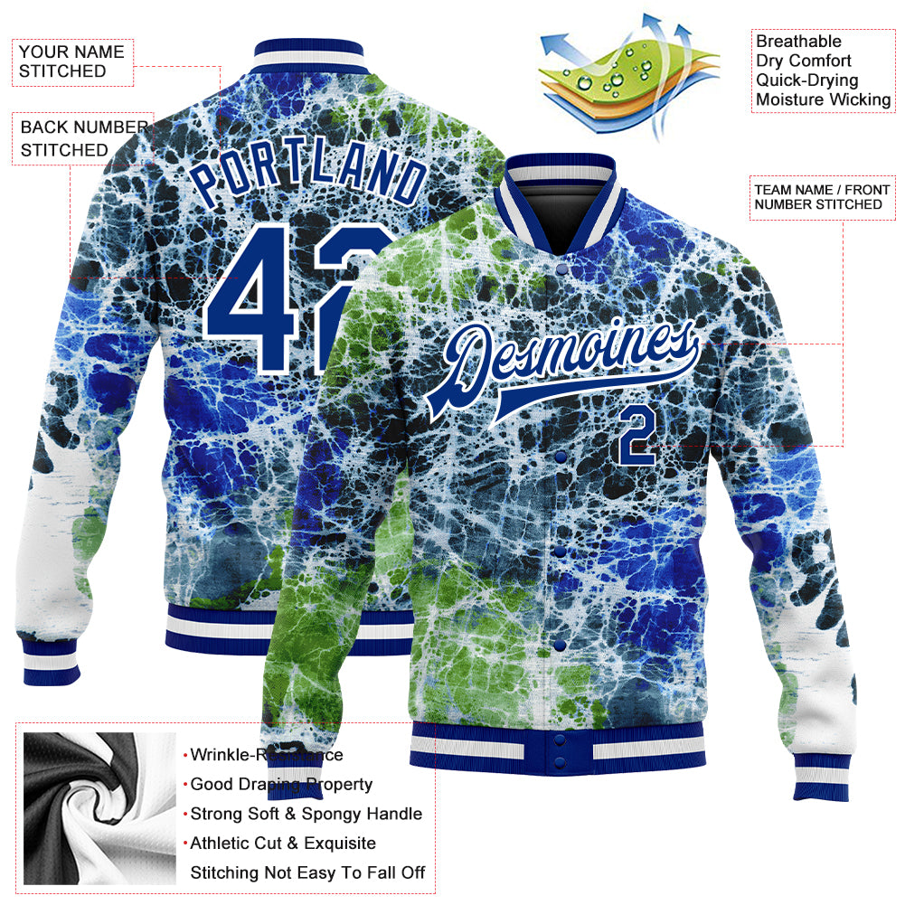 Custom Tie Dye Royal-White Rainbow 3D Bomber Full-Snap Varsity Letterman Jacket Style 5561 Custom Tie Dye Royal White Rainbow 3D Varsity Letterman Bomber Jacket Style 5561 Custom Tie Dye Royal-White Rainbow 3D Bomber - Image 3