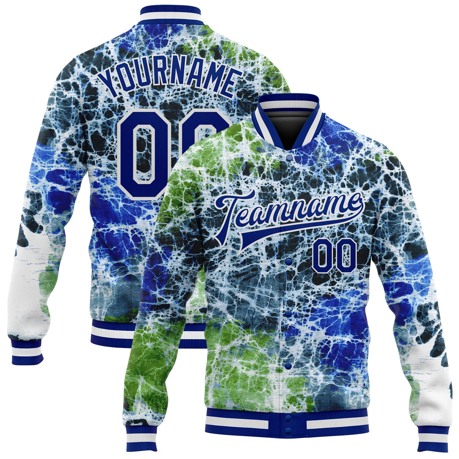 Custom Tie Dye Royal-White Rainbow 3D Bomber Full-Snap Varsity Letterman Jacket Style 5561 Custom Tie Dye Royal White Rainbow 3D Varsity Letterman Bomber Jacket Style 5561 Custom Tie Dye Royal-White Rainbow 3D Bomber - Image 1
