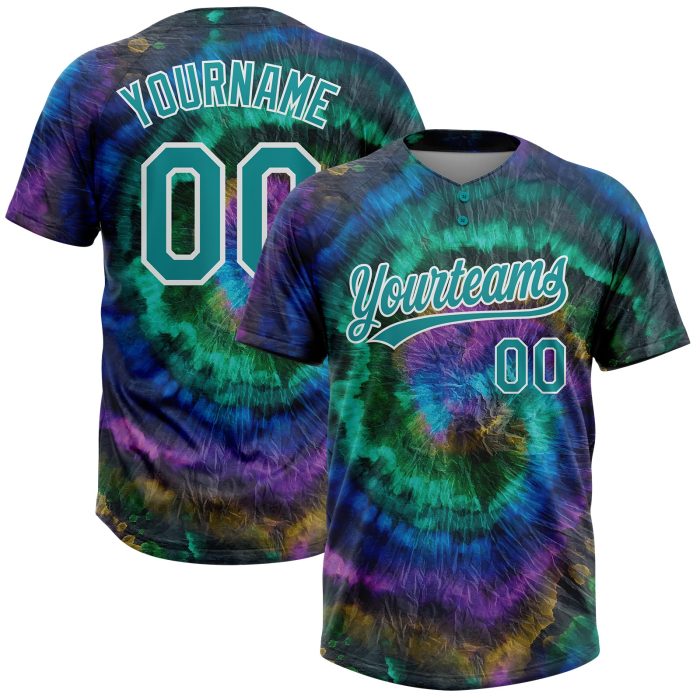 Custom Tie Dye 3D Teal White Unisex Softball Jersey - Two-Button Design, Soft Fabric Custom Tie Dye Teal-White 3D Two-Button - Image 1