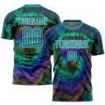 Custom Tie Dye Soccer Jersey Teal-White Sublimation Style 7812 for Teams and Fans Custom Tie Dye Teal-White Sublimation Soccer