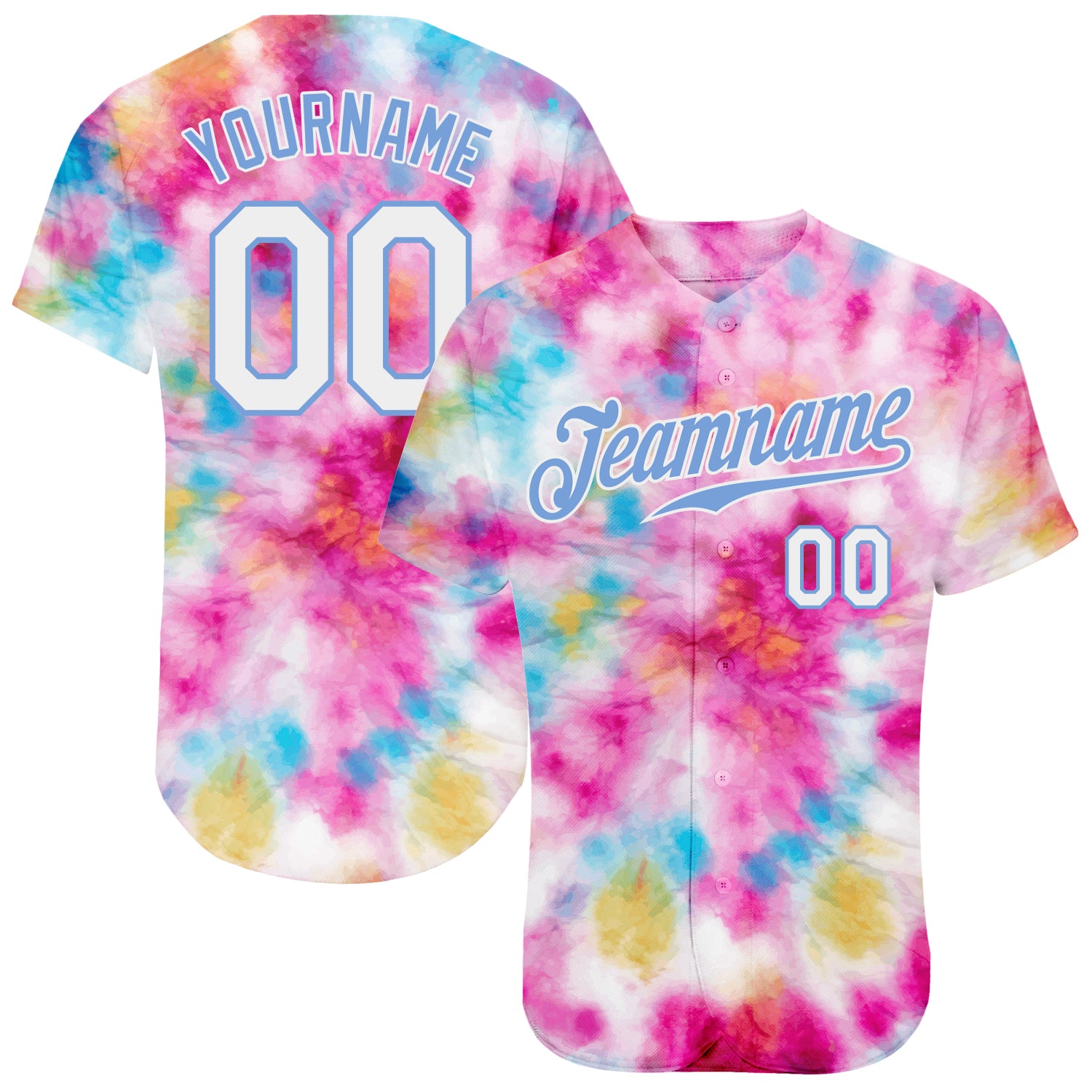 Custom Tie Dye Baseball Jersey - 3D Watercolor Design in White & Light Blue, Authentic Style Custom Tie Dye White-Light Blue