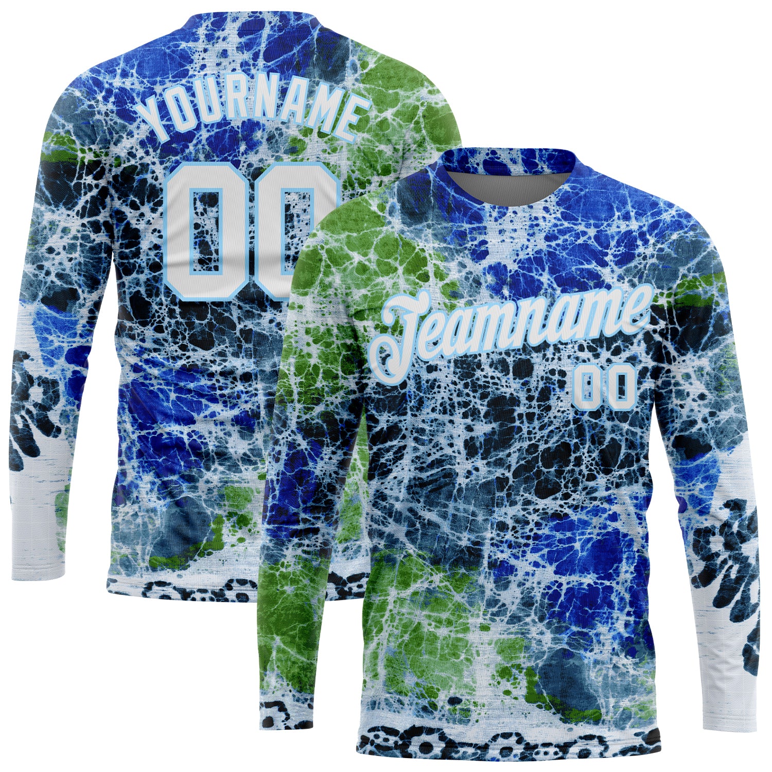 Custom Tie Dye Long Sleeve Performance T-Shirt in White Light Blue Abstract Art Design Custom Tie Dye White-Light Blue Abstract