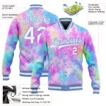 Custom Tie Dye 3D Bomber Jacket Light Blue Rainbow Varsity Letterman Full-Snap Custom Tie Dye White-Light Blue Rainbow 3D - Image 3