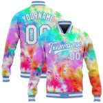 Custom Tie Dye Rainbow 3D Varsity Letterman Jacket White-Light Blue Full-Snap Style 8284 Custom Tie Dye White-Light Blue