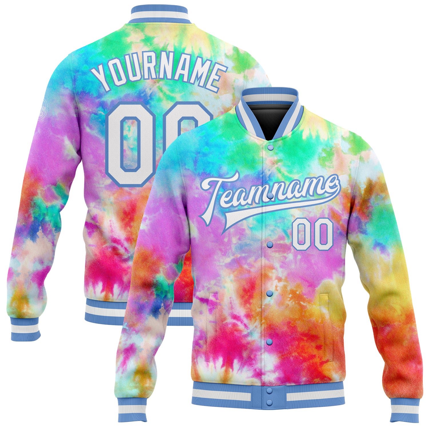 Custom Tie Dye Rainbow 3D Varsity Letterman Jacket White-Light Blue Full-Snap Style 8284 Custom Tie Dye White-Light Blue