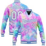 Custom Tie Dye 3D Bomber Jacket Light Blue Rainbow Varsity Letterman Full-Snap Custom Tie Dye White-Light Blue Rainbow 3D
