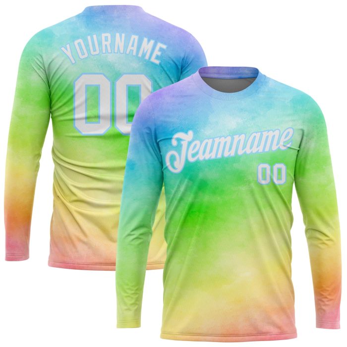 Tie Dye Long Sleeve Performance T-Shirt White Light Blue Rainbow Custom Design Custom Tie Dye White-Light Blue Rainbow 3D - Image 1