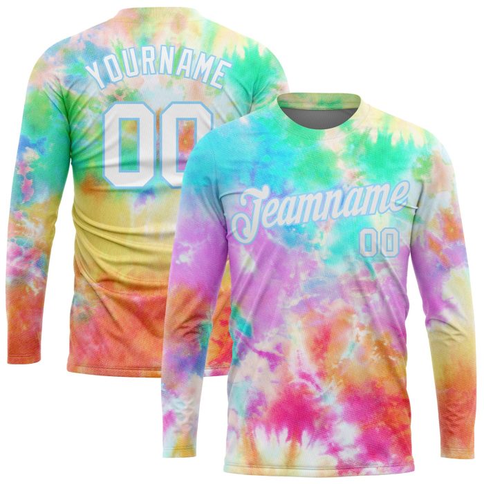 Custom Tie Dye Performance T-Shirt White-Light Blue Rainbow 3D Long Sleeve Style 3893 Custom Tie Dye White-Light Blue Rainbow - Image 1