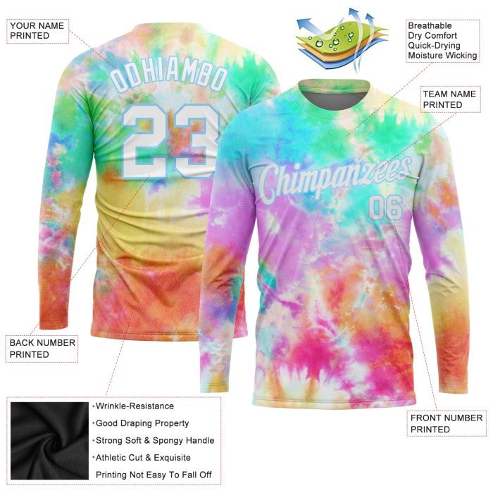 Custom Tie Dye Performance T-Shirt White-Light Blue Rainbow 3D Long Sleeve Style 3893 Custom Tie Dye White-Light Blue Rainbow - Image 2