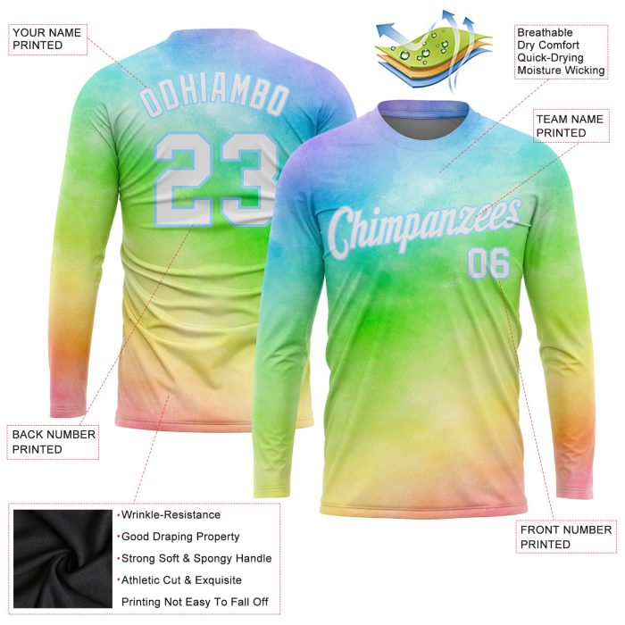 Tie Dye Long Sleeve Performance T-Shirt White Light Blue Rainbow Custom Design Custom Tie Dye White-Light Blue Rainbow 3D - Image 2