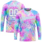 Custom Tie Dye Long Sleeve Performance T-Shirt - White Light Blue Watercolor Gradient Design Custom Tie Dye White-Light Blue