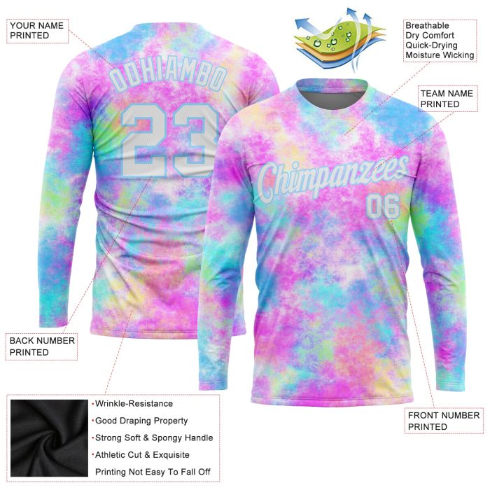 Custom Tie Dye Long Sleeve Performance T-Shirt - White Light Blue Watercolor Gradient Design Custom Tie Dye White-Light Blue - Image 2