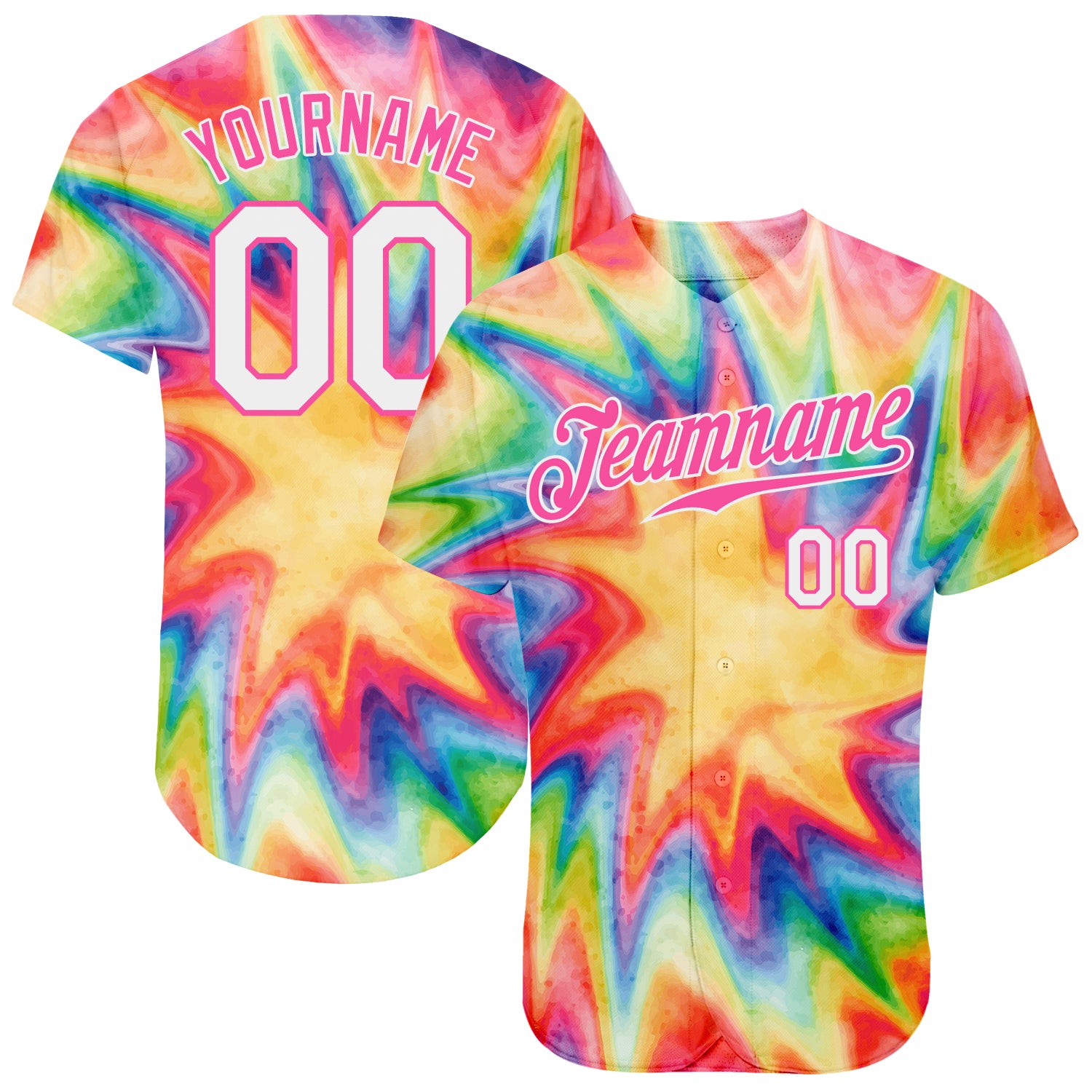 Custom Tie Dye Rainbow Baseball Jersey - White-Pink 3D Watercolor Design Authentic Jersey Custom Tie Dye White-Pink 3D Watercolor