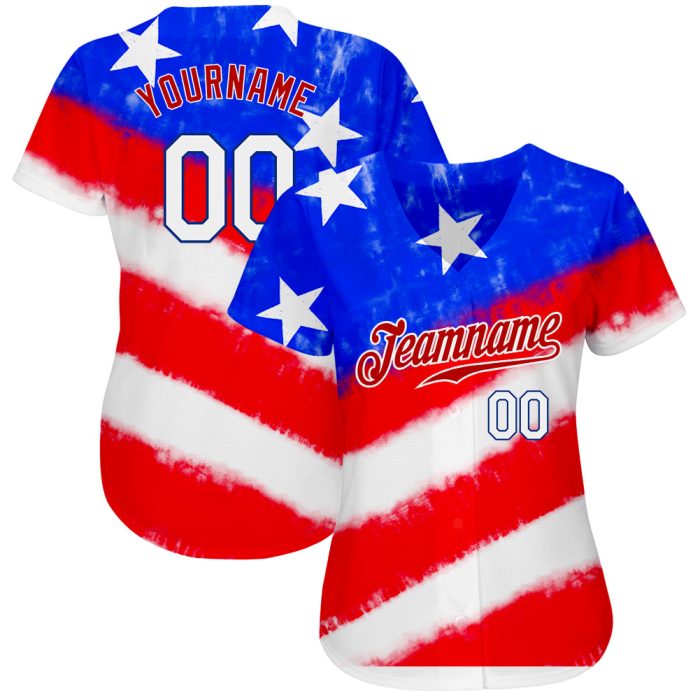 3D American Flag Tie Dye Baseball Jersey White-Royal Custom Design Custom Tie Dye White-Royal 3D American Flag Authentic - Image 2