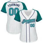 Custom Aqua Pinstripe Baseball Jersey - White Navy Authentic Raglan Sleeves Custom White Aqua Pinstripe Aqua-Navy Authentic - Image 2