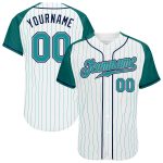 Custom Aqua Pinstripe Baseball Jersey - White Navy Authentic Raglan Sleeves Custom White Aqua Pinstripe Aqua-Navy Authentic