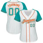 Custom Aqua-Orange Pinstripe Baseball Jersey with Raglan Sleeves, Authentic Style 9827, White and Aqua Design Custom White - Image 2