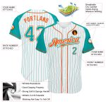 Custom Aqua-Orange Pinstripe Baseball Jersey with Raglan Sleeves, Authentic Style 9827, White and Aqua Design Custom White - Image 3