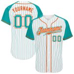 Custom Aqua-Orange Pinstripe Baseball Jersey with Raglan Sleeves, Authentic Style 9827, White and Aqua Design Custom White