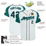 Custom Aqua Pinstripe Baseball Jersey - Black and White Authentic Raglan Sleeves Custom White Aqua Pinstripe Black-Aqua Authentic - Image 3