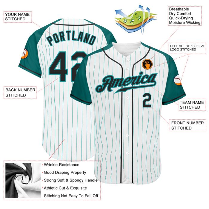 Custom Aqua Pinstripe Baseball Jersey - Black and White Authentic Raglan Sleeves Custom White Aqua Pinstripe Black-Aqua Authentic - Image 3