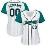 Custom Aqua Pinstripe Baseball Jersey - Black and White Authentic Raglan Sleeves Custom White Aqua Pinstripe Black-Aqua Authentic - Image 2
