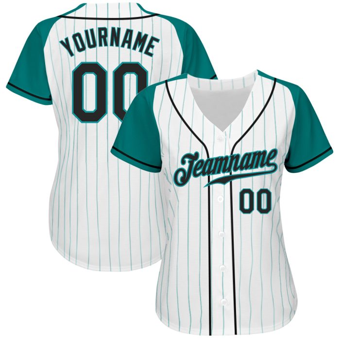 Custom Aqua Pinstripe Baseball Jersey - Black and White Authentic Raglan Sleeves Custom White Aqua Pinstripe Black-Aqua Authentic - Image 2
