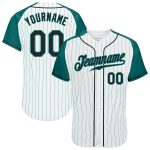 Custom Aqua Pinstripe Baseball Jersey - Black and White Authentic Raglan Sleeves Custom White Aqua Pinstripe Black-Aqua Authentic