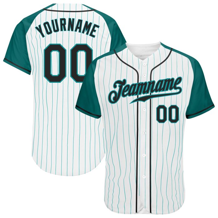 Custom Aqua Pinstripe Baseball Jersey - Black and White Authentic Raglan Sleeves Custom White Aqua Pinstripe Black-Aqua Authentic - Image 1