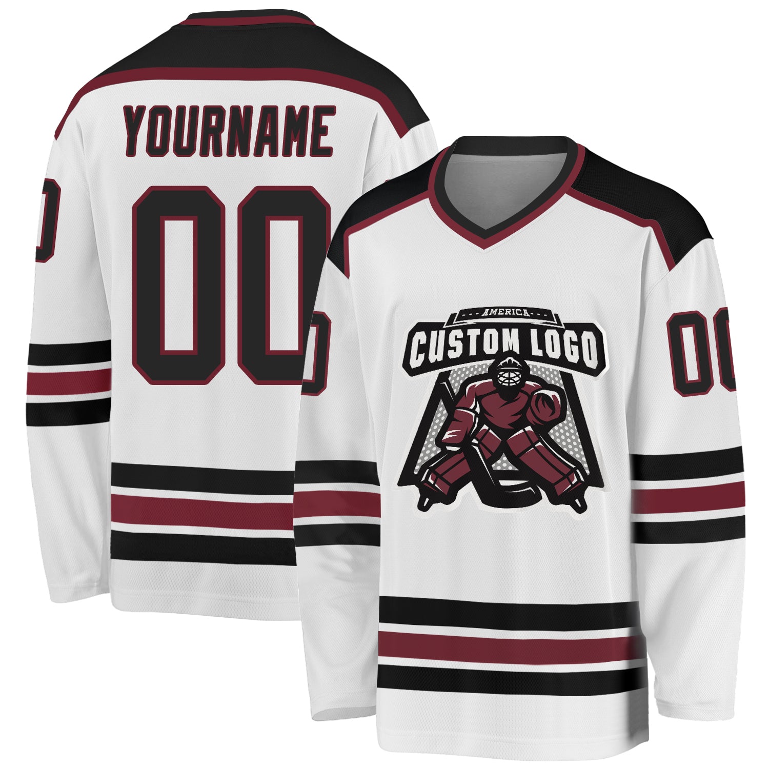 Custom White Black-Burgundy Hockey Jersey Custom Burgundy Black White Hockey Jersey - Personalized Team Apparel Custom White Black-Burgundy Hockey Jersey - Image 1