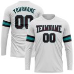 Custom Long Sleeve Performance T-Shirt - White Black Crimson Aqua Design Custom White Black Crimson-Aqua Long Sleeve Performance