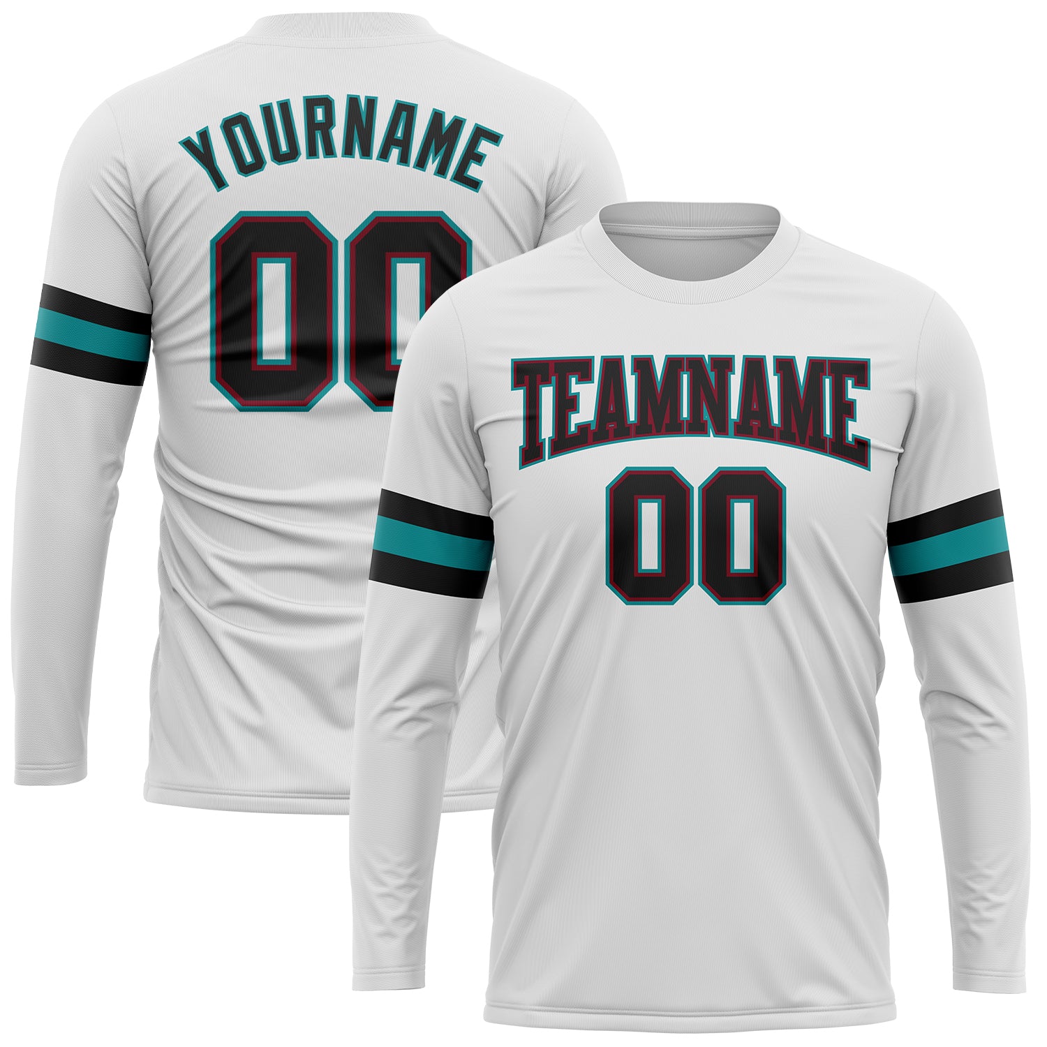 Custom Long Sleeve Performance T-Shirt - White Black Crimson Aqua Design Custom White Black Crimson-Aqua Long Sleeve Performance