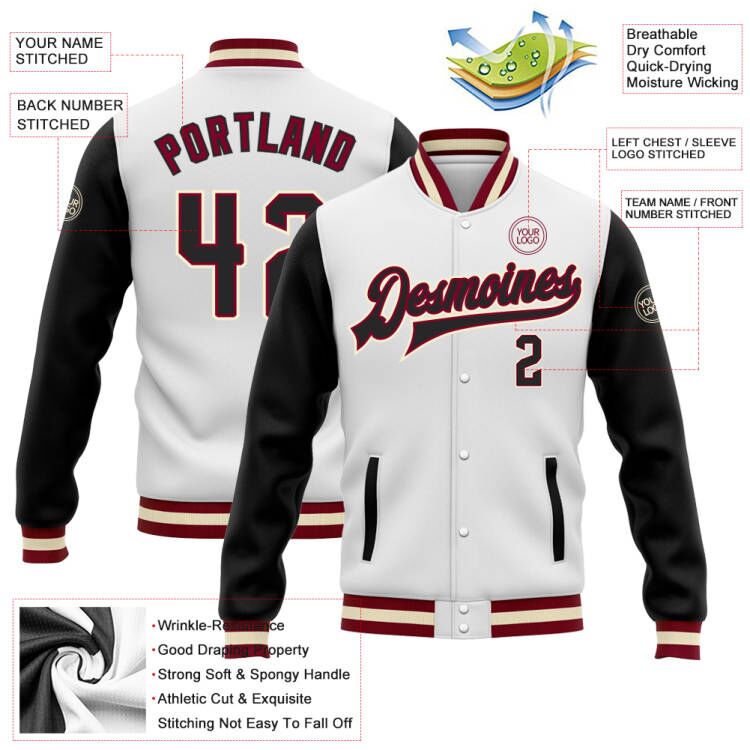 Custom White Black Maroon-Cream Bomber Full-Snap Varsity Letterman Two Tone Jacket Custom Two Tone Bomber Jacket Maroon Cream Varsity Letterman Full Snap White Black Design Custom White Black Maroon-Cream - Image 3