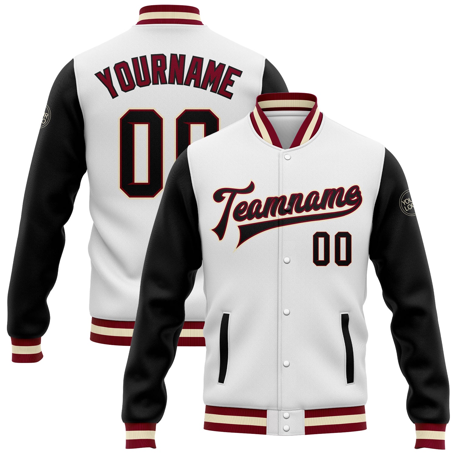 Custom White Black Maroon-Cream Bomber Full-Snap Varsity Letterman Two Tone Jacket Custom Two Tone Bomber Jacket Maroon Cream Varsity Letterman Full Snap White Black Design Custom White Black Maroon-Cream - Image 1