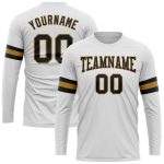 Custom Long Sleeve Performance T-Shirt in White and Black with Old Gold Accents Custom White Black-Old Gold Long Sleeve Performance