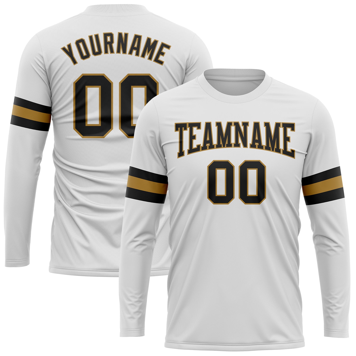Custom Long Sleeve Performance T-Shirt in White and Black with Old Gold Accents Custom White Black-Old Gold Long Sleeve Performance