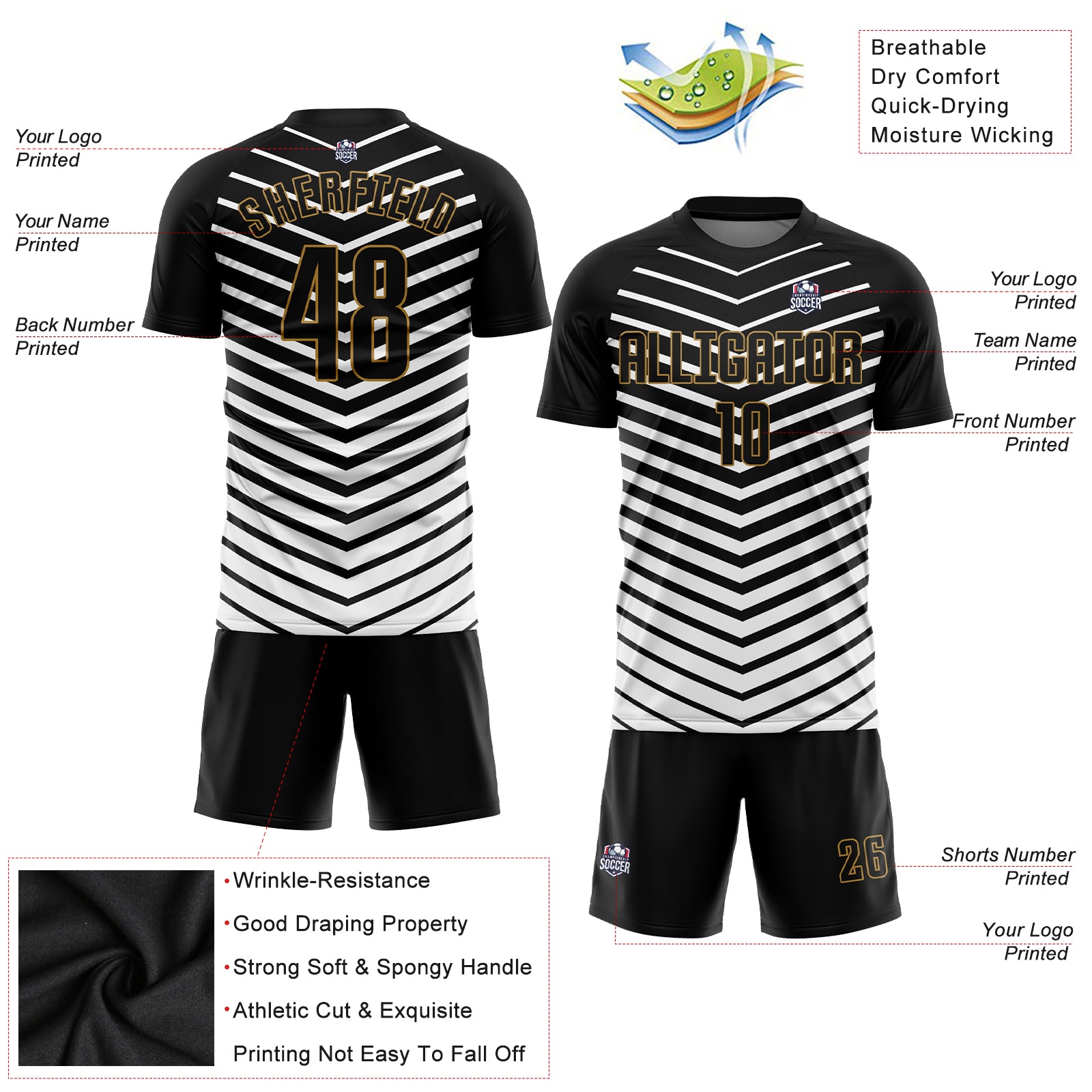 Custom White Black-Old Gold Sublimation Soccer Uniform Jersey Style 2892 Custom Sublimation Soccer Uniform Jersey in White Black Old Gold - Style 2892 Custom White Black-Old Gold Sublimation Soccer - Image 3